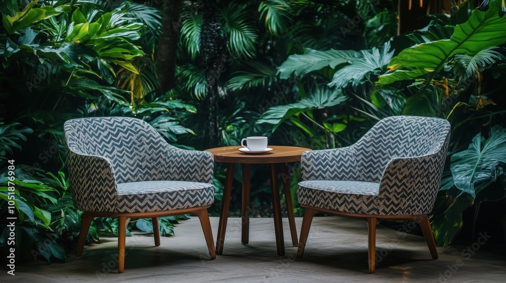 Obraz premium Cozy seating area surrounded by lush greenery, two patterned chairs, wooden table, coffee cup