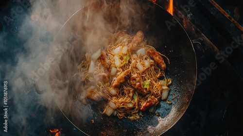 Top Down View of Stir Fried Noodles in a Wok