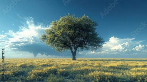 A solitary tree stands in a grassy field under a blue sky.