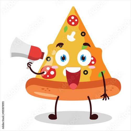 cute happy expression of slice of pizza carry megaphone cartoon character