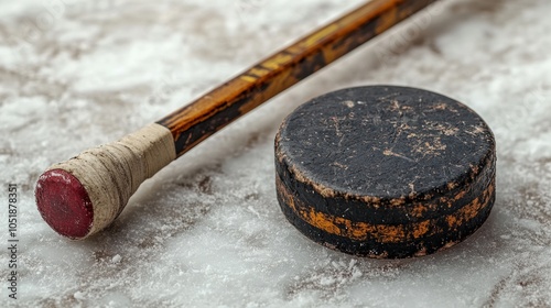 A hockey stick and puck resting on an icy surface. photo