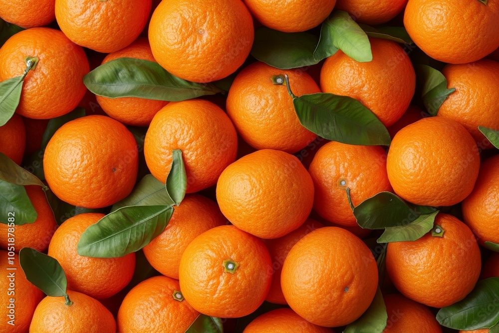 Fresh tangerines forming a vibrant background with green leaves Fresh tangerines forming a vibrant background with green leaves