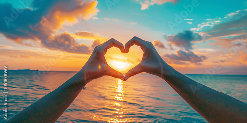 A hands making a heart shape with the sun in the background

 photo