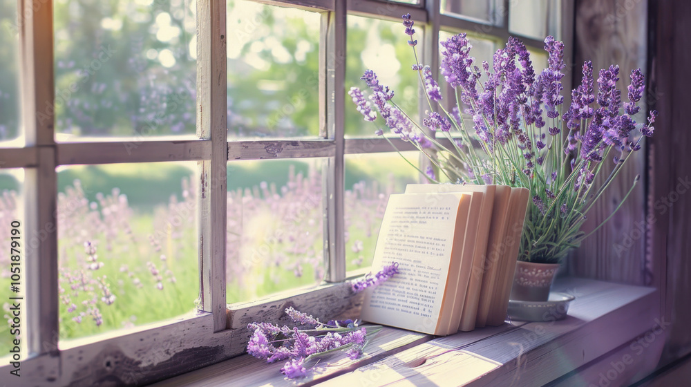 Fototapeta premium Beautiful lavender flowers and book on window sill indoors