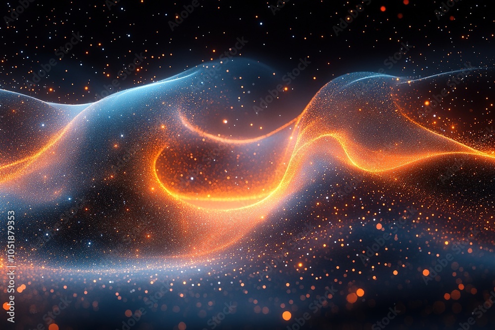 Obraz premium Abstract glowing waves of blue and orange light on a black background with sparkling particles.