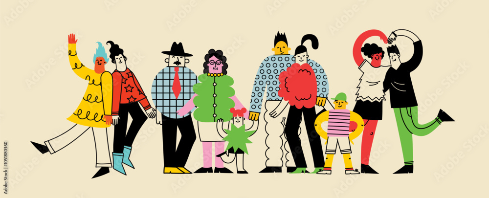 Naklejka premium Happy big families illustration. Parents, grandparents and kids embrace with love, support. Mothers, fathers, children cuddle. Flat graphic vector illustrations isolated in trendy geometric style