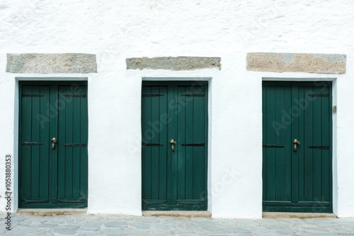 Three green doors in a white wall, each with a unique design: one with a round knob, another with intricate carvings, and the third adorned with a floral wreath.