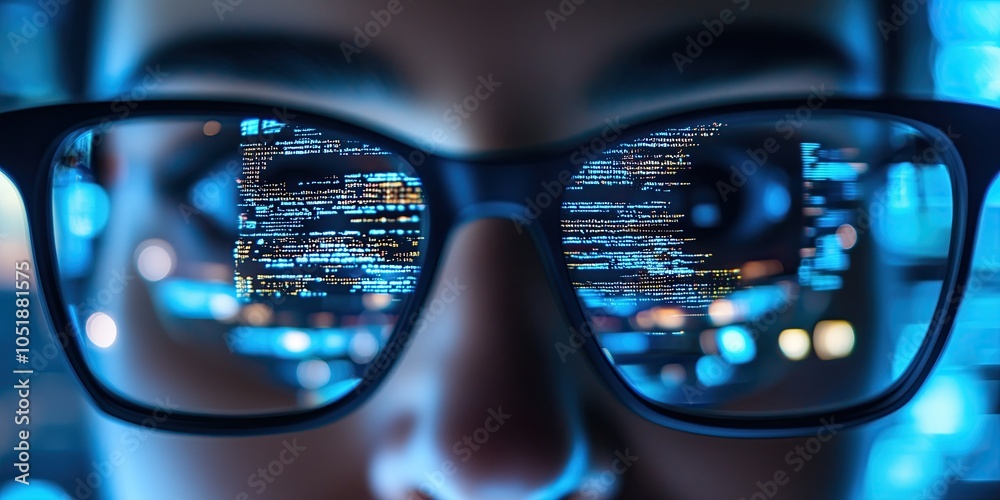 A close-up view of eyeglasses worn by an individual, with the reflection of a computer screen displaying code, symbolizing technology, focus, and digital work. A close-up view of eyeglasses worn by an individual, with the reflection of a computer screen displaying code, symbolizing technology, focus, and digital work.