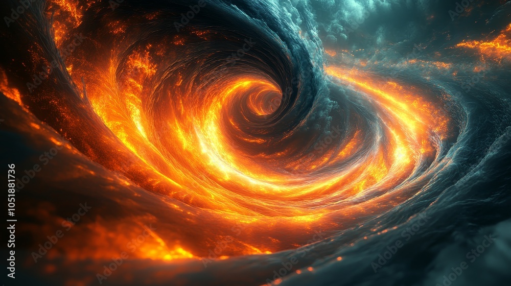 A spiral of fire and water with a blue background A spiral of fire and water with a blue background