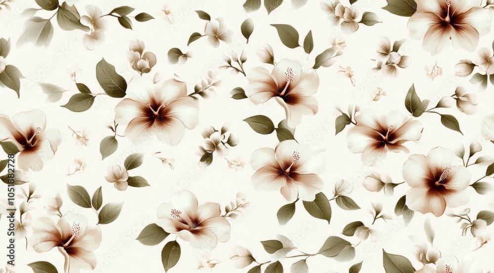 Botanical Illustration of Light Beige Flowers and Green Leaves