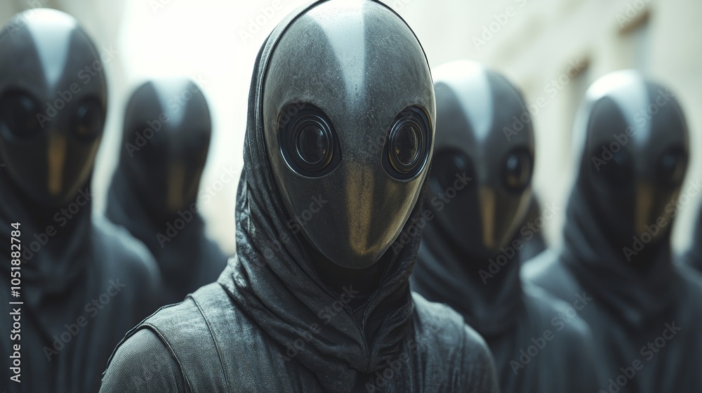 A group of people wearing black costumes with hoods on their heads A group of people wearing black costumes with hoods on their heads