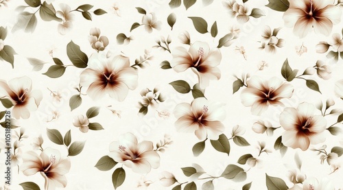 Obraz na płótnie Botanical Illustration of Light Beige Flowers and Green Leaves w salonie