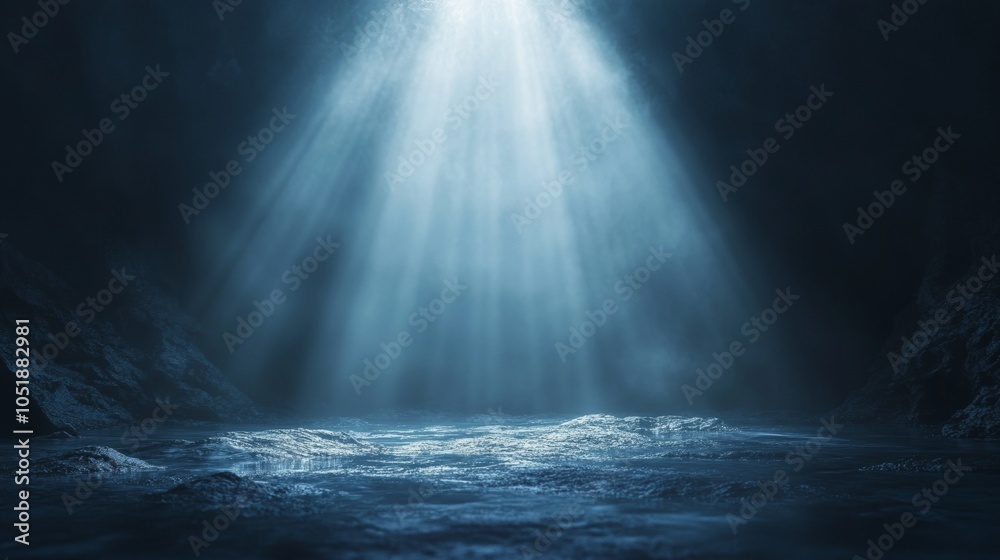 A dark, deep blue ocean with a bright light shining on it A dark, deep blue ocean with a bright light shining on it