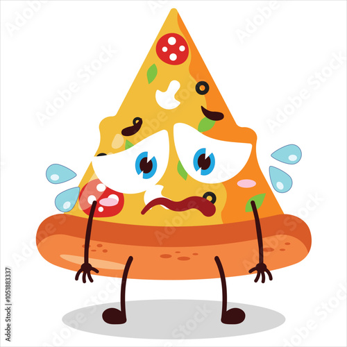 cute depressed expression of slice of pizza character