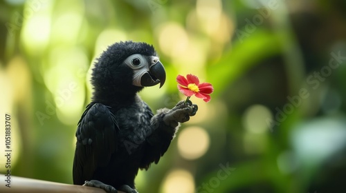 Black parrot holding flower, vibrant green background, nature scene