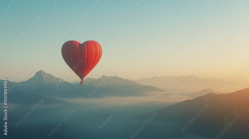 Fototapeta premium Valentine's day concept, heart shaped hot air balloon flying over misty mountains at sunrise. Beautiful landscape background with space for text.