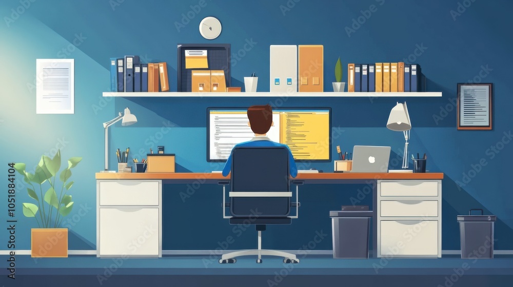 A person working at a modern desk with computers and plants. A person working at a modern desk with computers and plants.