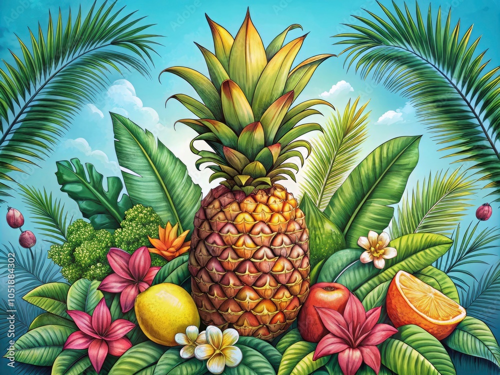 Fototapeta premium Hand Drawn Pineapple Tropical Summer Fruit Engraved Style Illustration for Vibrant Landscape Photography, Perfect for Summer Themes, Tropical Decor, and Fruit Illustrations
