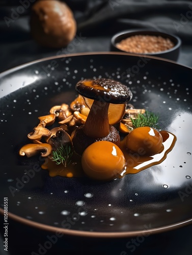 Gourmet mushroom dish on elegant black plate for culinary presentation and design photo