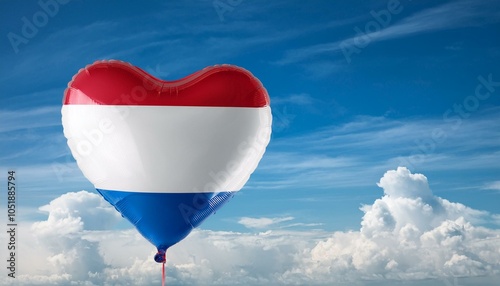 オランダの国旗のハート型の風船と青空(Netherlands flag heart-shaped balloon and blue sky.) 