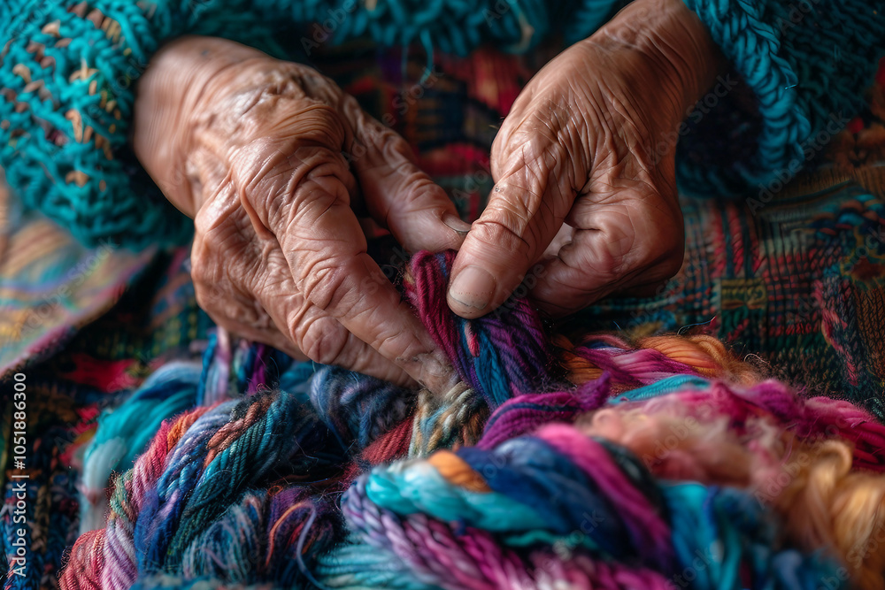 Person meticulously crafts colorful fabric using needle and thread generative AI image
