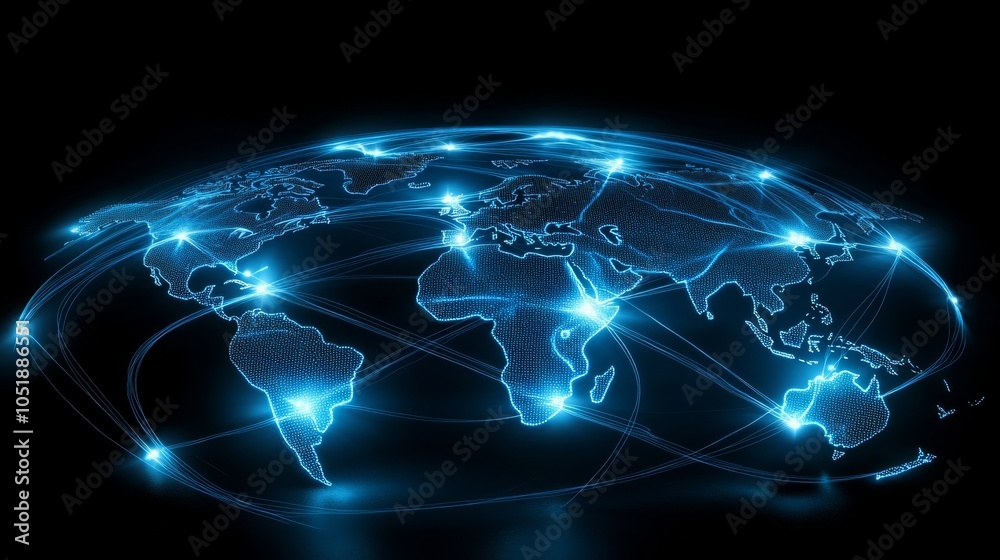 Obraz premium World map, global network, and connectivity concept. Glowing connections between cities on Earth in space with a night sky background.