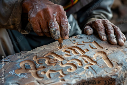 Craftsman's hands using a power tool to carve intricate details into a wooden surface generative AI image