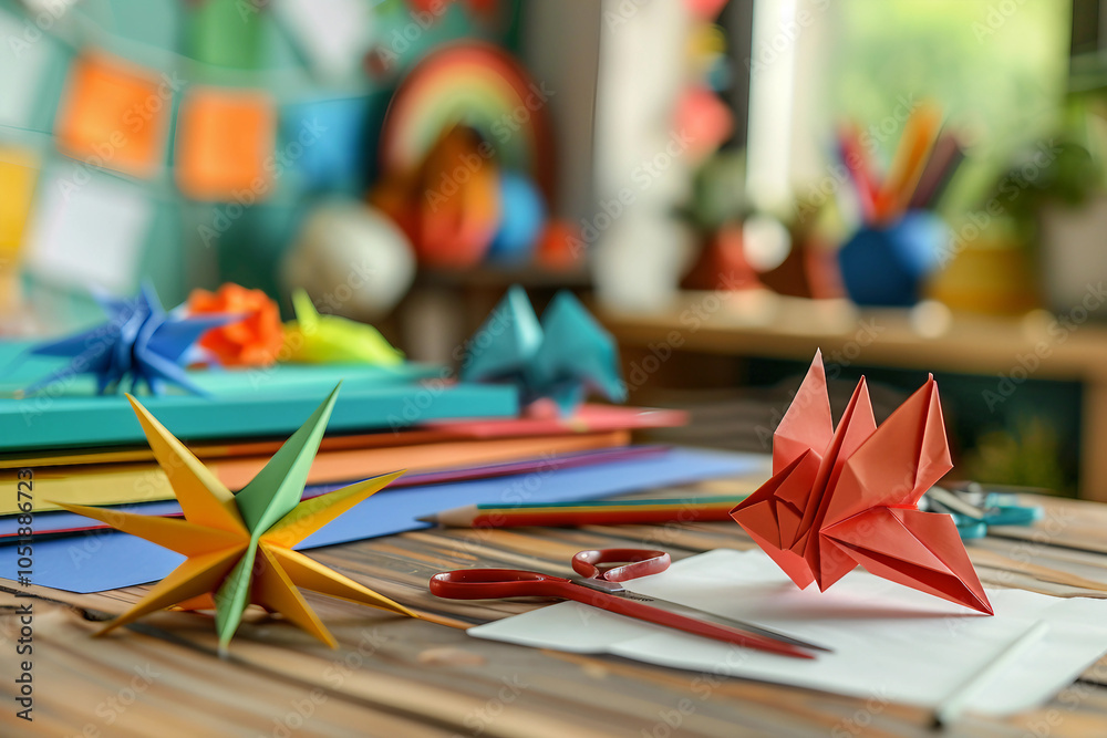 Fototapeta premium Generative AI crafted origami on colorful creative workspace