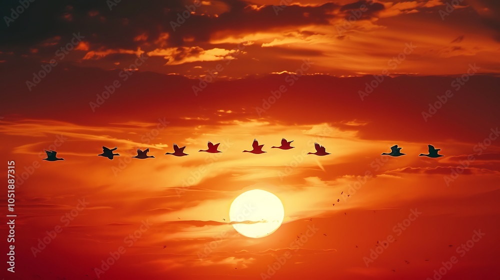 Geese flying in a flawless V-formation under a striking orange sunset, creating a beautiful silhouette in the glowing sky Geese flying in a flawless V-formation under a striking orange sunset, creating a beautiful silhouette in the glowing sky