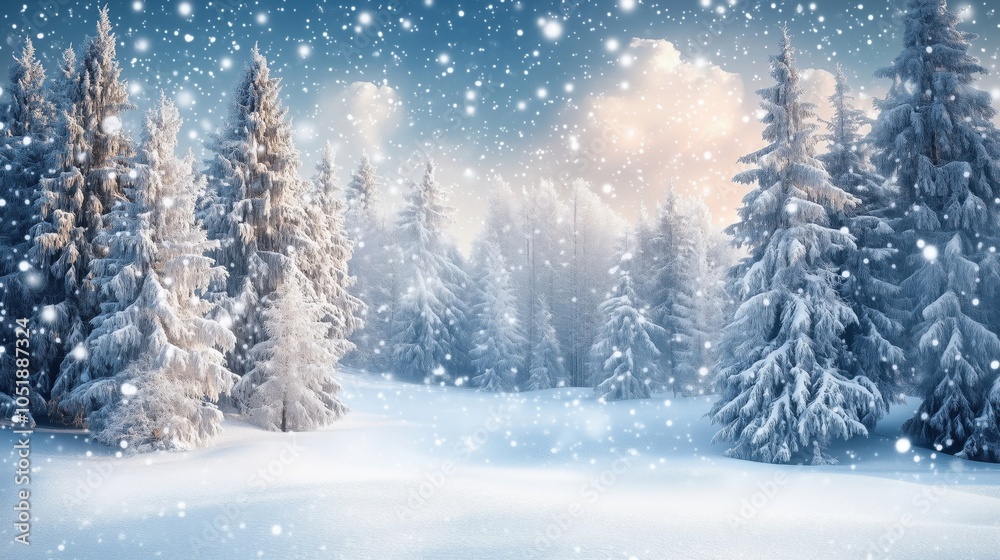 Snowy winter landscape with tall trees, soft snowfall, serene atmosphere Snowy winter landscape with tall trees, soft snowfall, serene atmosphere
