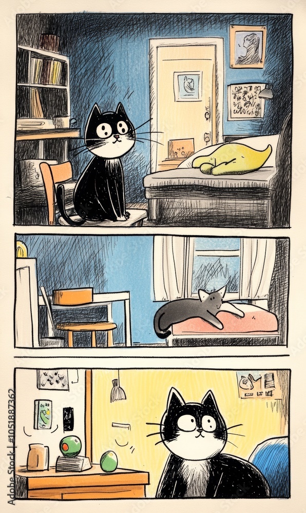 Cute Cartoon Cat Exploring Scandinavian-Style Home Interior