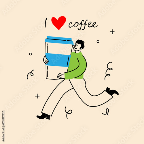People enjoying coffee. Man holding takeaway mugs, paper cups. Characters drinking hot morning beverages, americano, cappuccino to go, in trendy retro style.