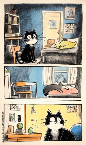 Obraz na płótnie Cute Cartoon Cat Exploring Scandinavian-Style Home Interior w salonie