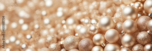 Elegant and shimmering, this image showcases beautiful array of soft, pearl like spheres in various sizes and finishes, creating luxurious and festive atmosphere photo