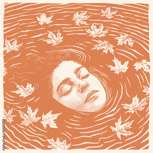 Young woman in a stream of water and leaves, vector illustration