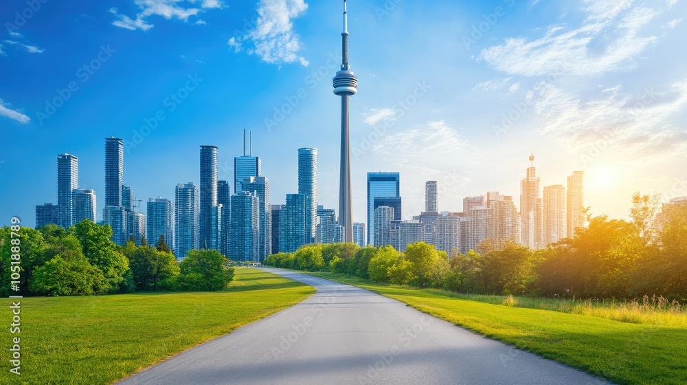 Fototapeta premium Cityscape with Tall Buildings and a Winding Road, A Summer Day in the City