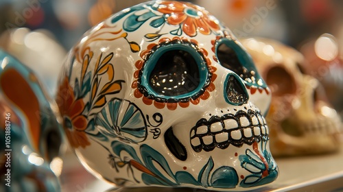 52. A close-up of a decorated sugar skull, showcasing intricate designs and bright colors