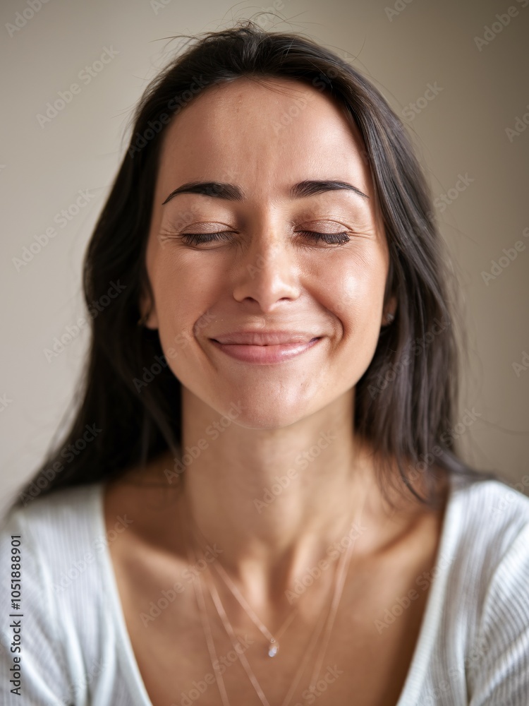 Smiling Woman with Eyes Closed, Practicing Mindfulness and Inner Peace Smiling Woman with Eyes Closed, Practicing Mindfulness and Inner Peace