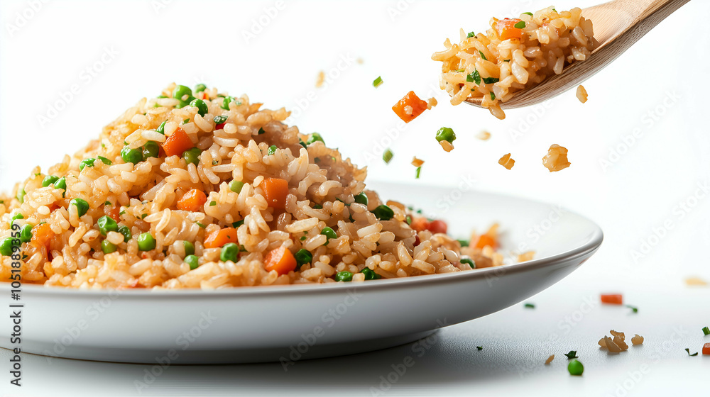 Stir-Fried Rice with Mixed Vegetables on White Plate - Stir-fried rice mixed with vibrant vegetables like peas and carrots, served on a white plate. Stir-Fried Rice with Mixed Vegetables on White Plate - Stir-fried rice mixed with vibrant vegetables like peas and carrots, served on a white plate.
