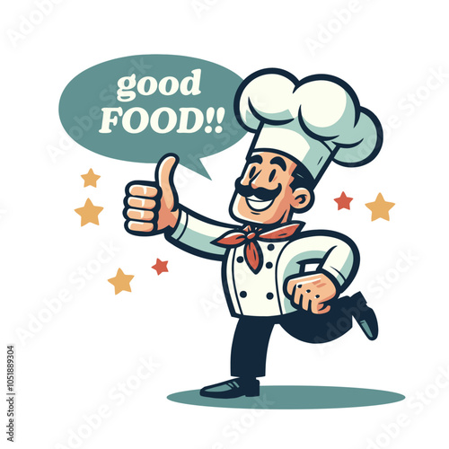 Handsome chef with cheerful smile in hat and uniform	
