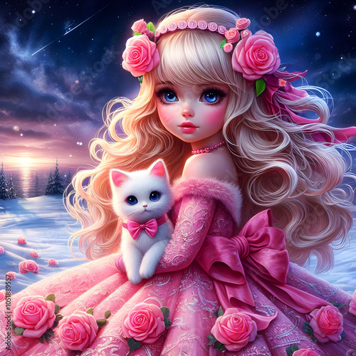 Pink rose Princessa in pink gown with her white kitten friend on a snowy landscape photo