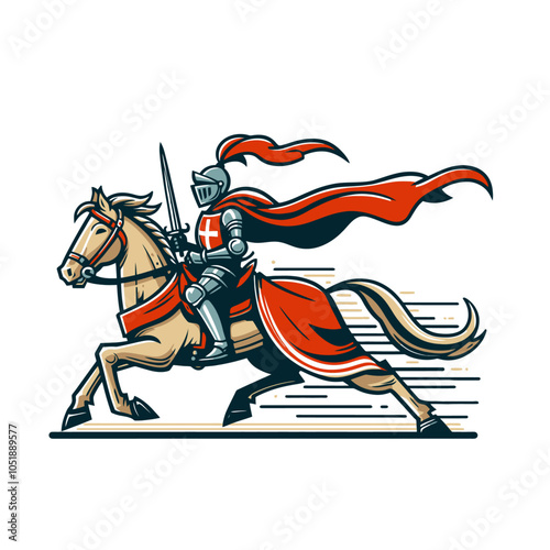 retro cartoon knight on a horse isolated vector illustration