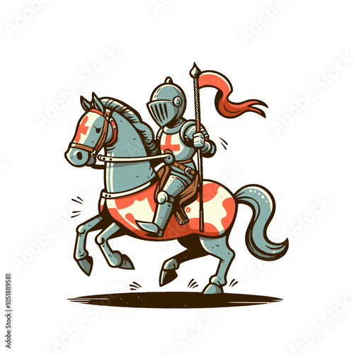 retro cartoon knight on a horse isolated vector illustration