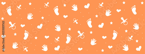 Baby vector background. Handprint, footprint, soother, heart. Orange or beige vector illustration.