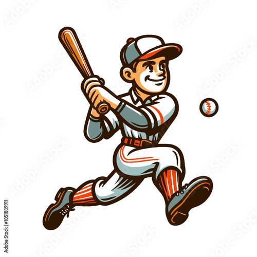 Baseball player retro cartoon character. Isolated vector illustration