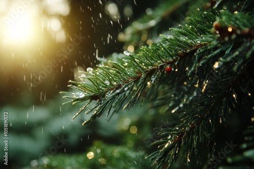 A Drenched Pine Sprig Glimmers Under Golden Light: Nature's Splendor in the Rain photo