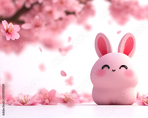 A charming pink bunny sits amidst beautiful cherry blossoms embodying the joy of spring and festive celebrations