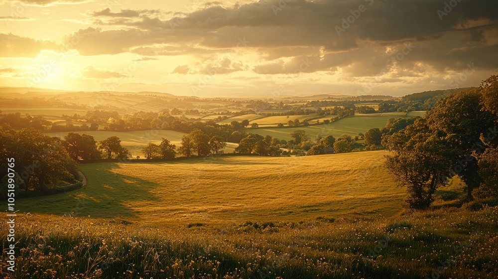 Obraz premium Serene Sunset Over Rolling Hills and Fields