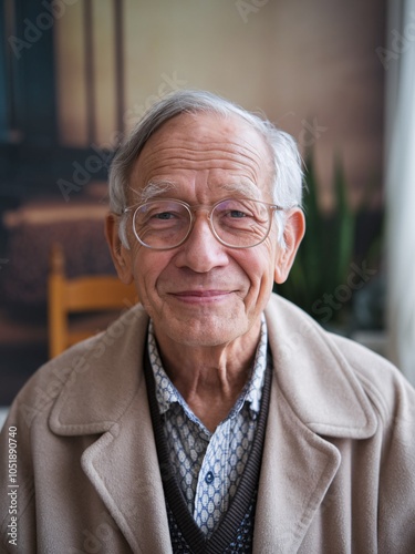 Smiling Elderly Man with Glasses in Cozy Setting