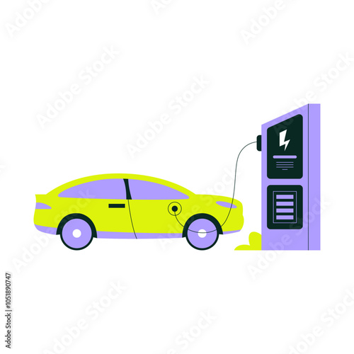 Electric car charging at charging station, flat vector illustration symbolizing renewable energy, electric vehicle technology, and sustainable transportation, isolated on white background